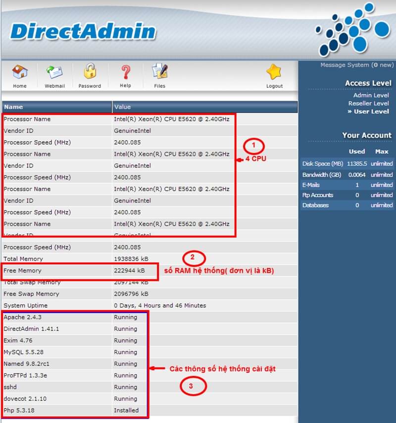 Sử dụng DirectAdmin để kiểm tra dung lượng Hosting